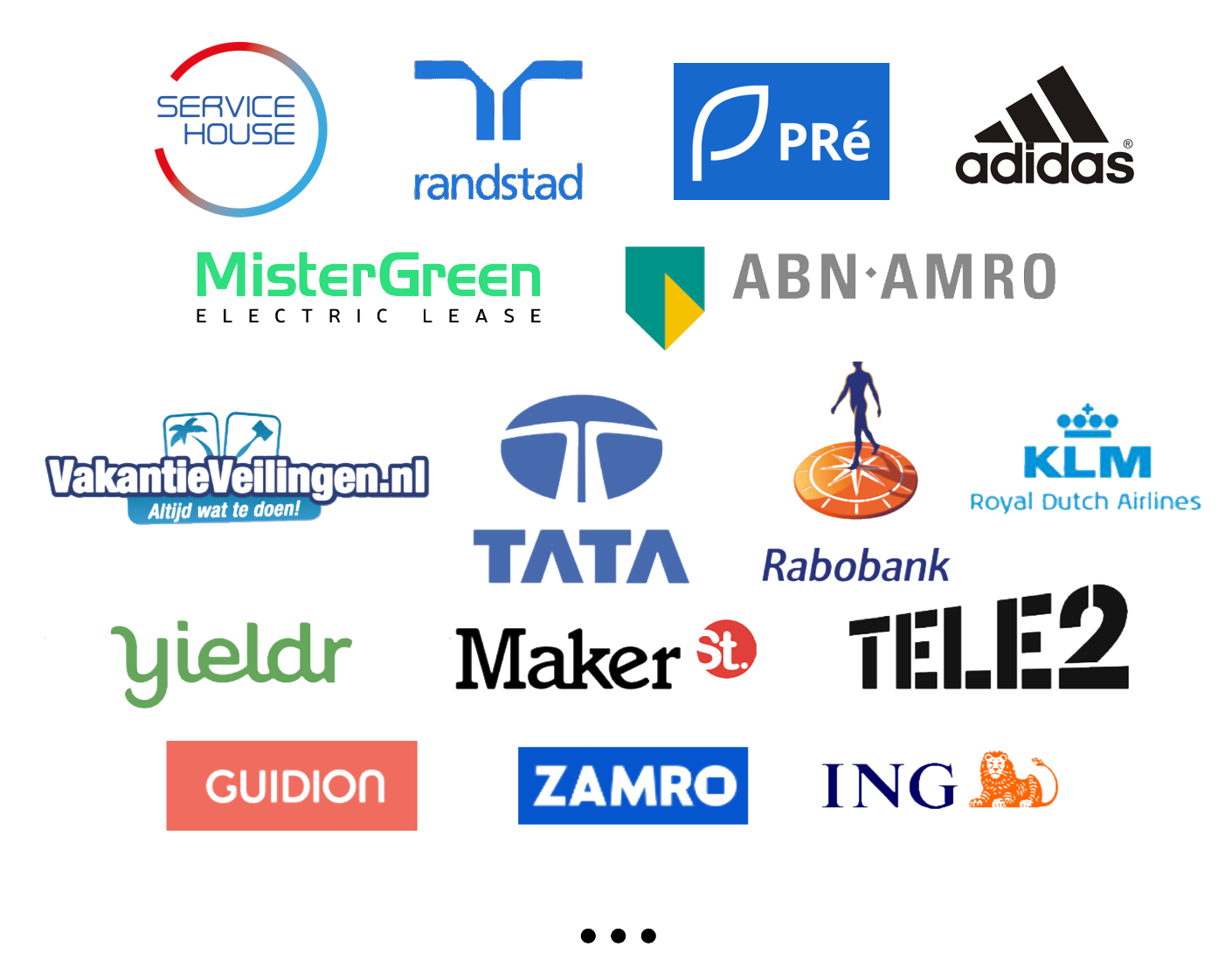 MisterGreen Direct, ABN AMRO, ING, VakantieVeilingen, Tata Consulting Services, Rabobank, KLM, Yieldr, Maker Street, Tele2, Guidion, Zamro